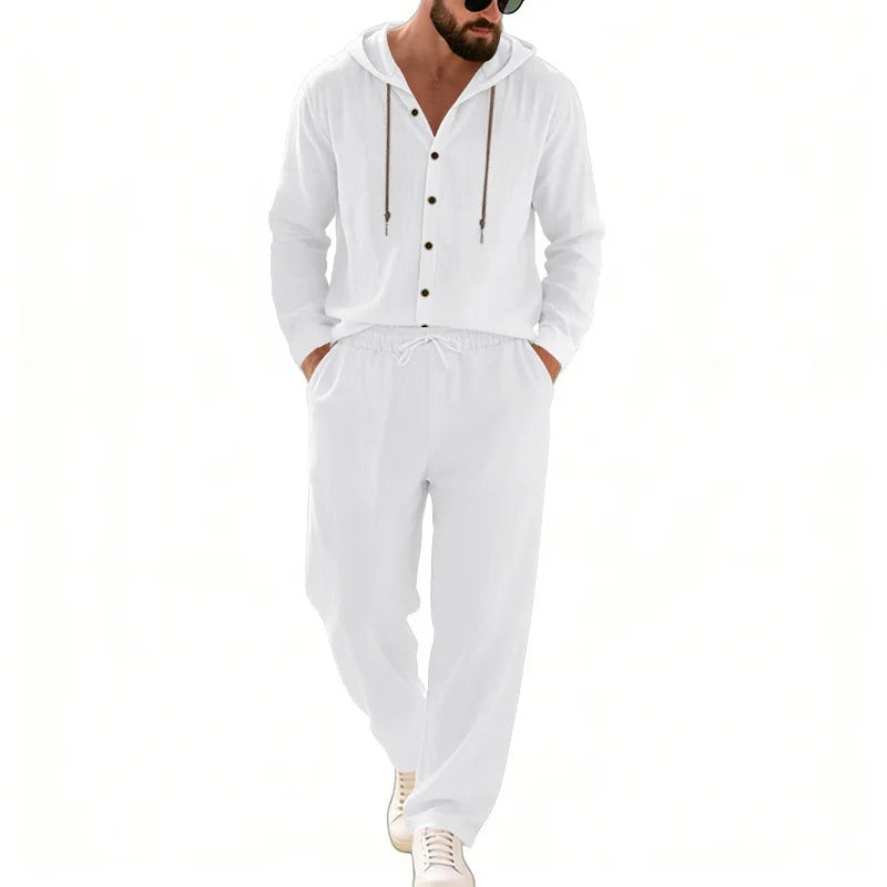 Men's 2-Piece Casual Outfit with Hooded Button-Down Shirt and Long Pants Set