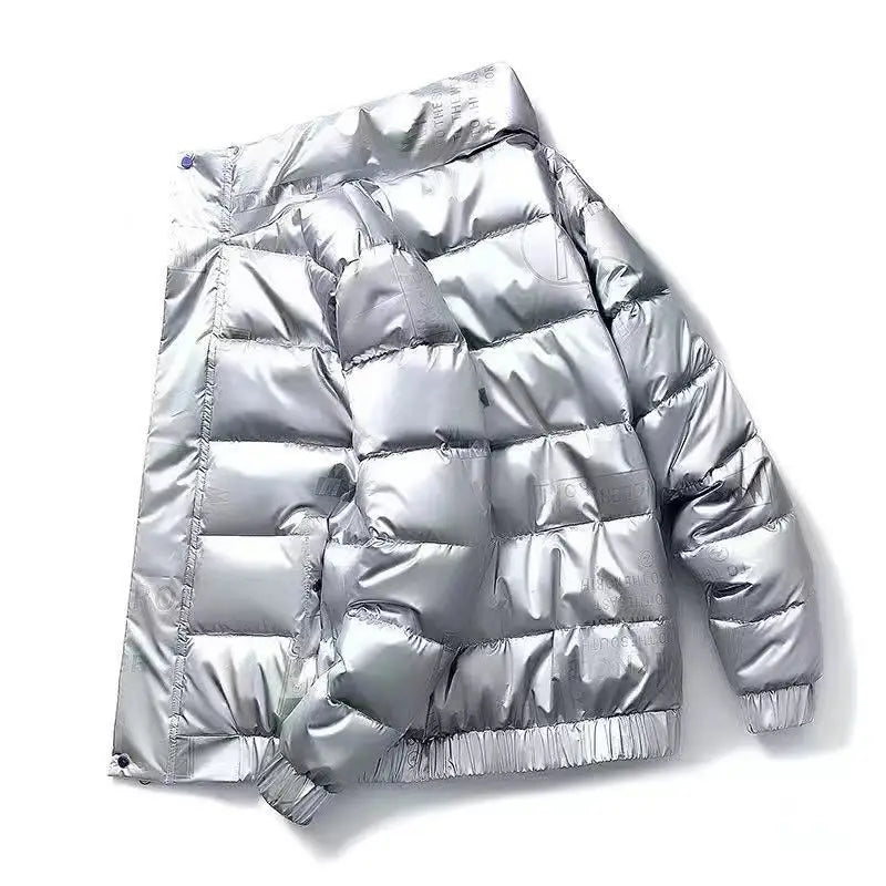 Men's Glossy Thickened Parka Jacket with Stand Collar