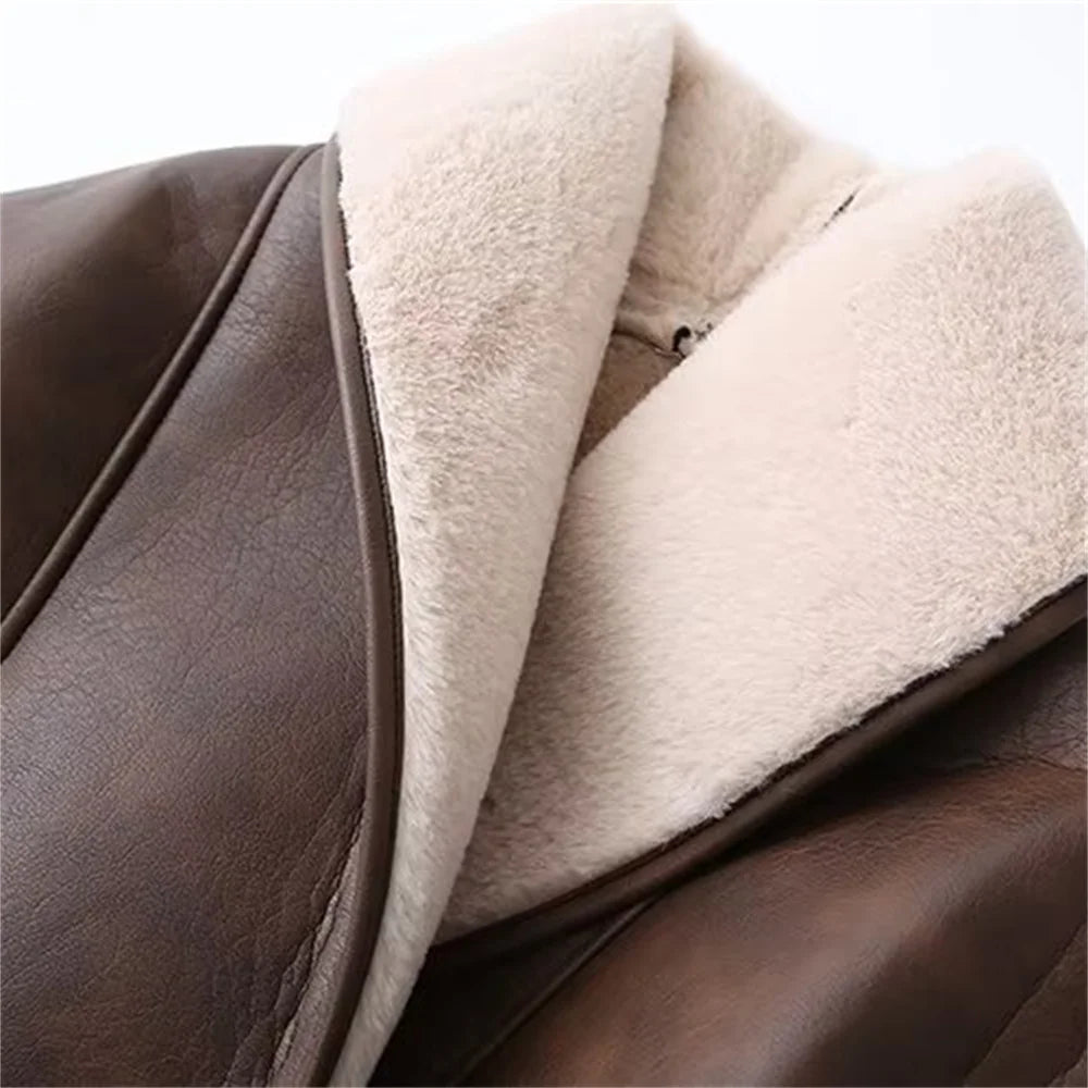 Women's Faux Leather Fleece Collar Jacket with Belt