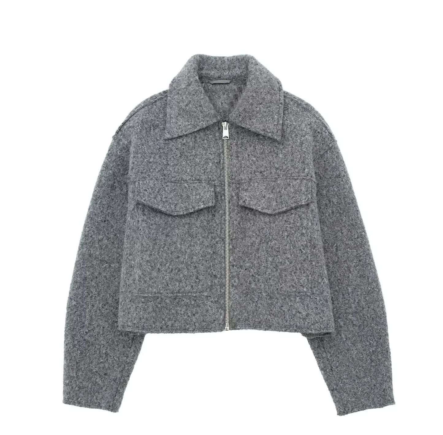 omen's Long Sleeve Woolen Zipper Jacket with Pockets