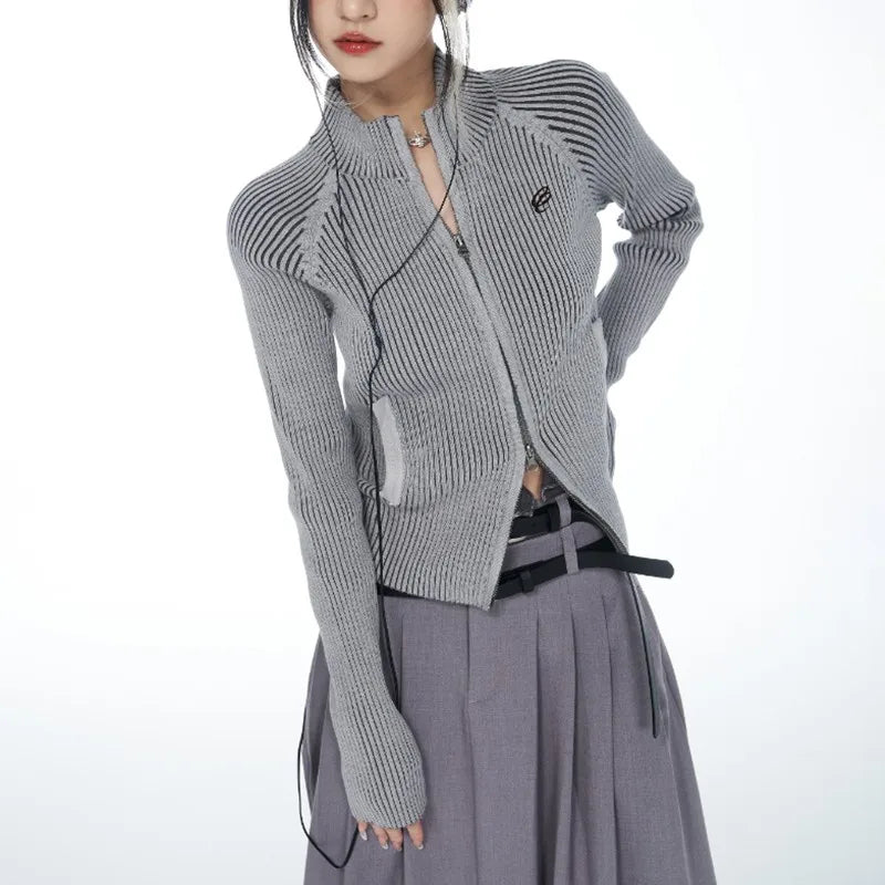 Women's Zipper Cardigan with Embroidery - Slim Fit Knitted Sweater Jacket for Women
