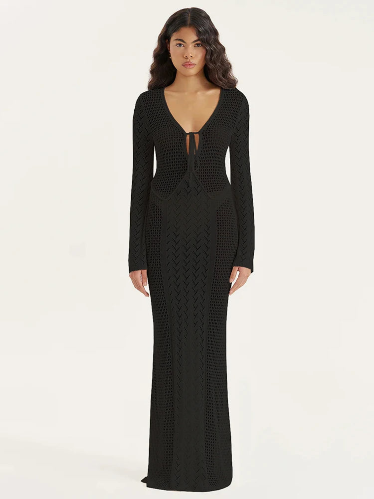 Women's Knit Swimsuit Cover-Up with V-Neck & Hollow-Out Design – Long Sleeve Beach Maxi Dress