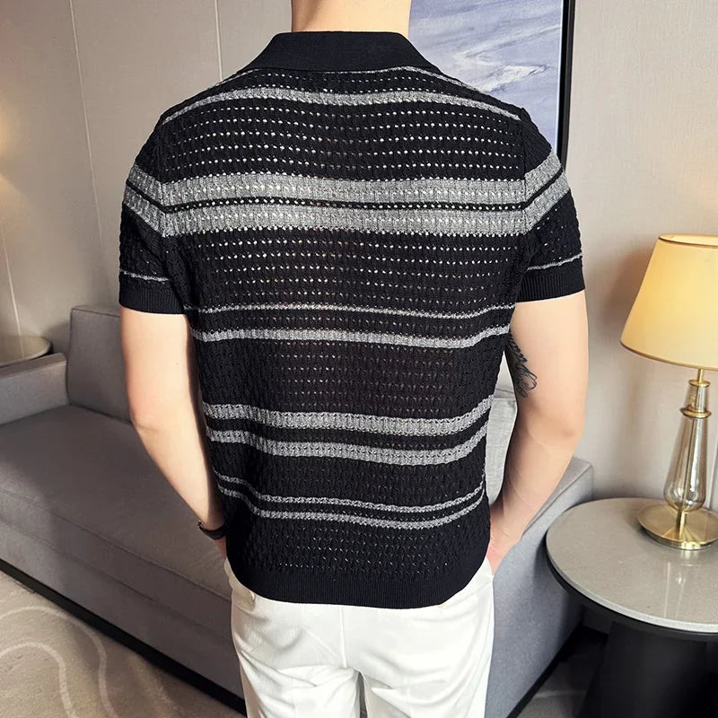 Men's Thin Striped Knitted V-Neck T-Shirt – Stylish Breathable Men's Knit Top