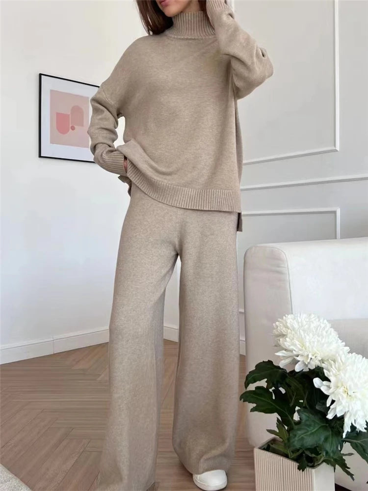 Women's Knitted Turtleneck Sweater and Straight Pants Set