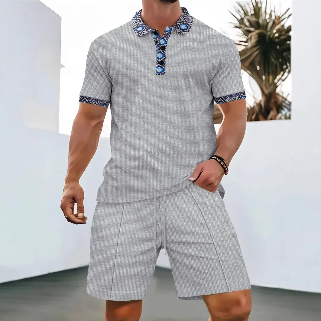 Men's Two-Piece Zip-Up Lapel T-Shirt and Shorts Set - Casual Summer Activewear