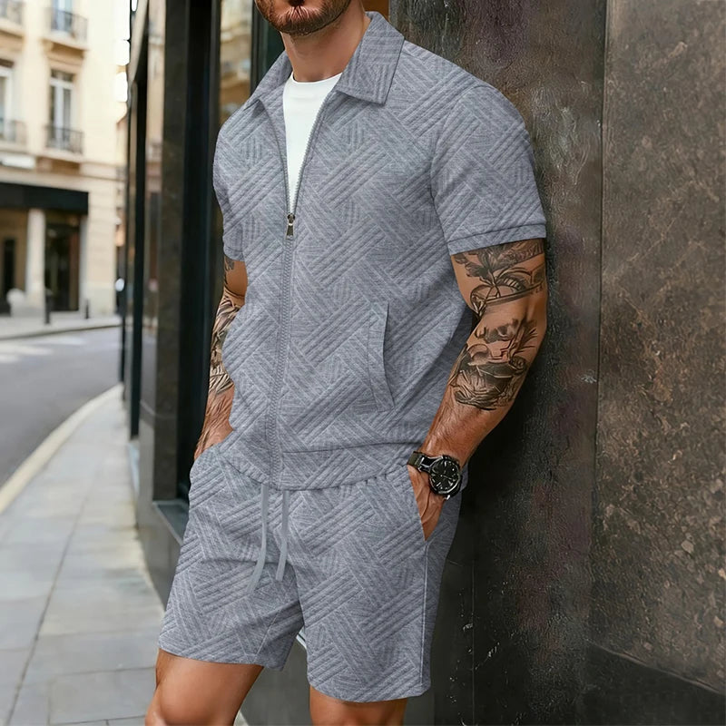 Men's Two-Piece Jacquard Short Sleeve Polo Shirt and Shorts Set