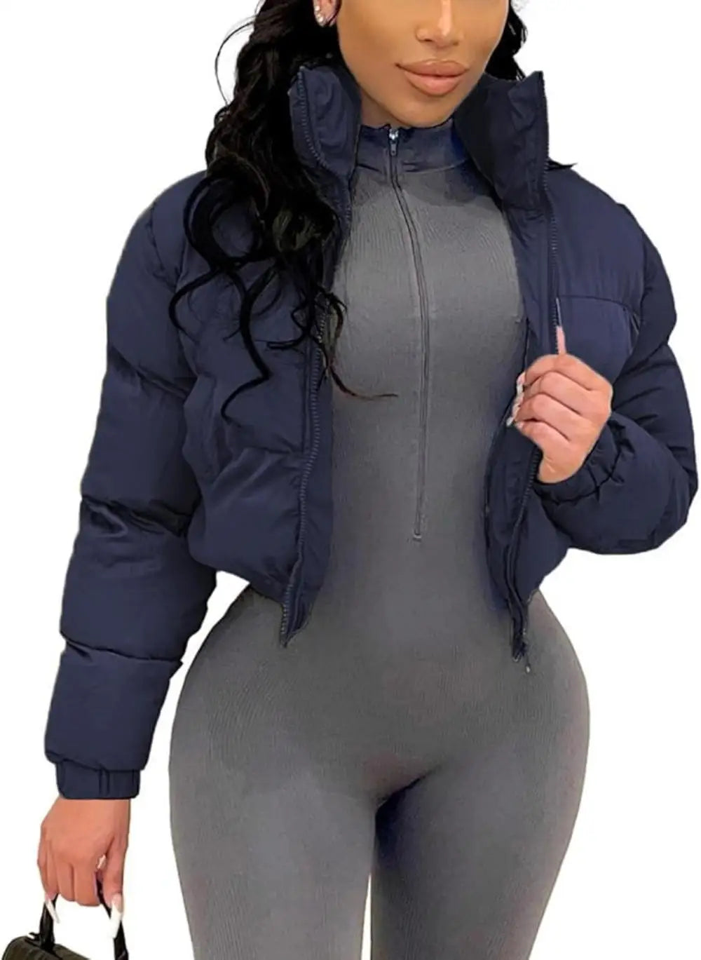 Women's Cropped Puffer Jacket - Casual Zip-Up Cotton Jacket with Padding