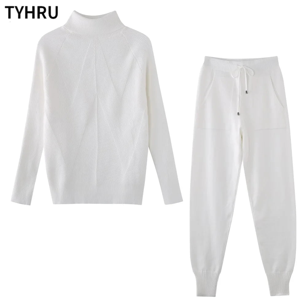 TYHRU Women's Striped Turtleneck Sweater & Drawstring Pants Set