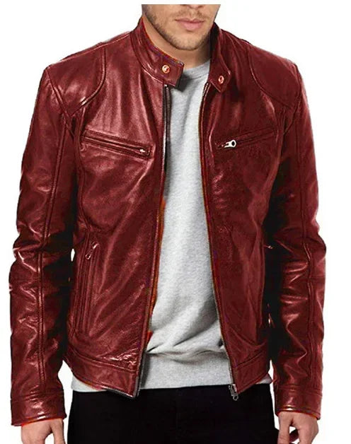 Men's Slim Fit Faux Leather Motorcycle Jacket - Short Lapel PU Coat with Zipper