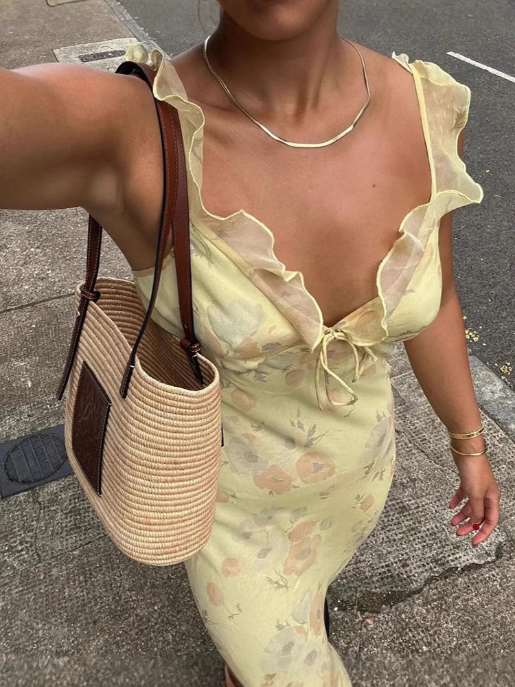 Flower Print Women's Backless Slim Fit Low-Cut Dress