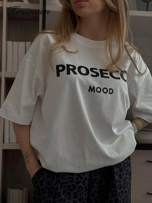 Cotton "Prosecco Mood" Print T-Shirt for Women - Casual Loose Fit Tee by Hirsionsan