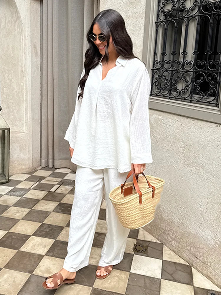 Women's 2-Piece Loose Fit Trouser and Long Sleeve Turn-Down Collar Shirt Set