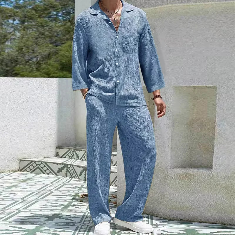 Men's Casual Cotton 2-Piece Set: Stylish Shirts and Pants Combo