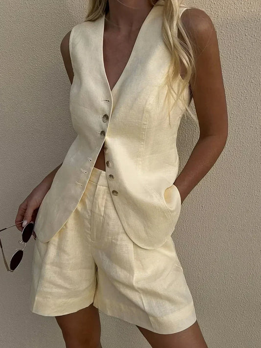 Women's Cotton Linen 2-Piece Vest and Shorts Set