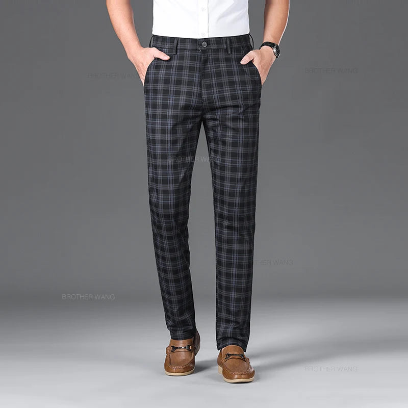 Slim Fit Cotton Plaid Stretch Trousers for Men
