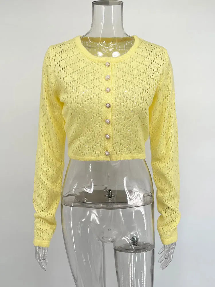Women's Hollow Out Knit Cardigan - Long Sleeve Casual Cropped See-Through Knitwear