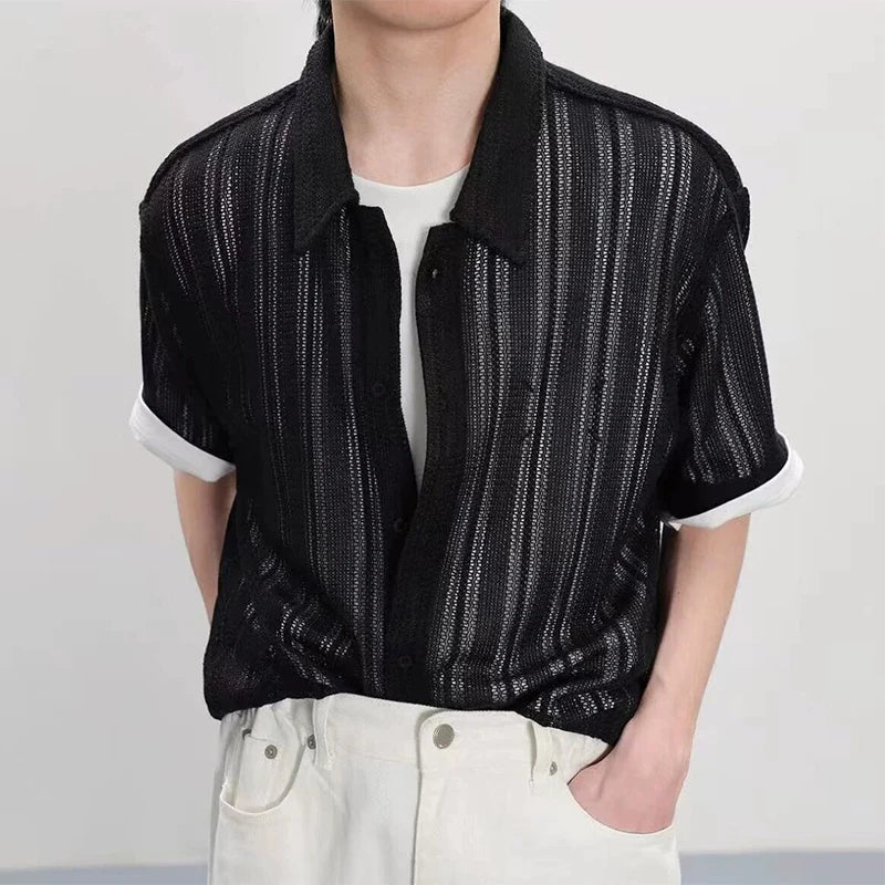 Stylish Men's Mesh Knitted Hollow-Out Transparent Shirt - Breathable, Modern Men's Fashion