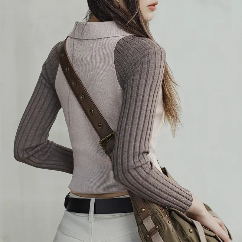Women' Slim Fit Cropped Knitted Sweater with Spliced Casual Design & Button Detail