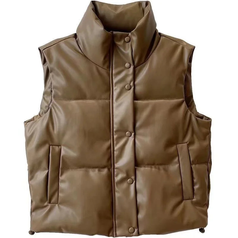 Women's PU Leather Stand Collar Vest Jacket with Zipper
