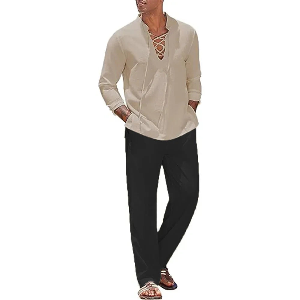 Two Piece Men's Cotton Linen Shirt and Pants Set