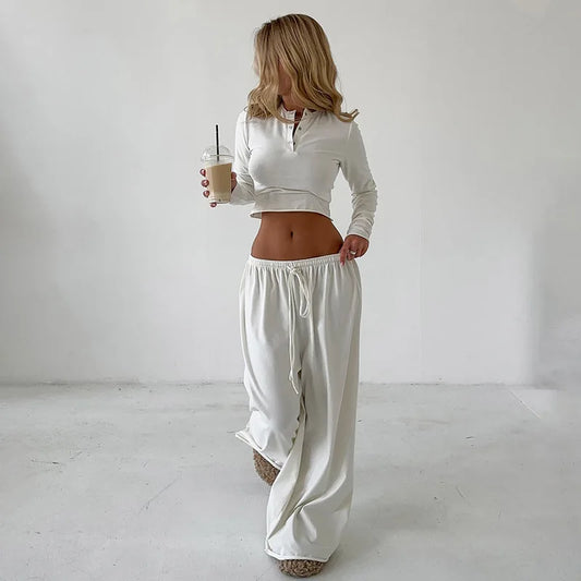 Women's Two-Piece Cropped Sweater and Loose Fit Long Pants Set