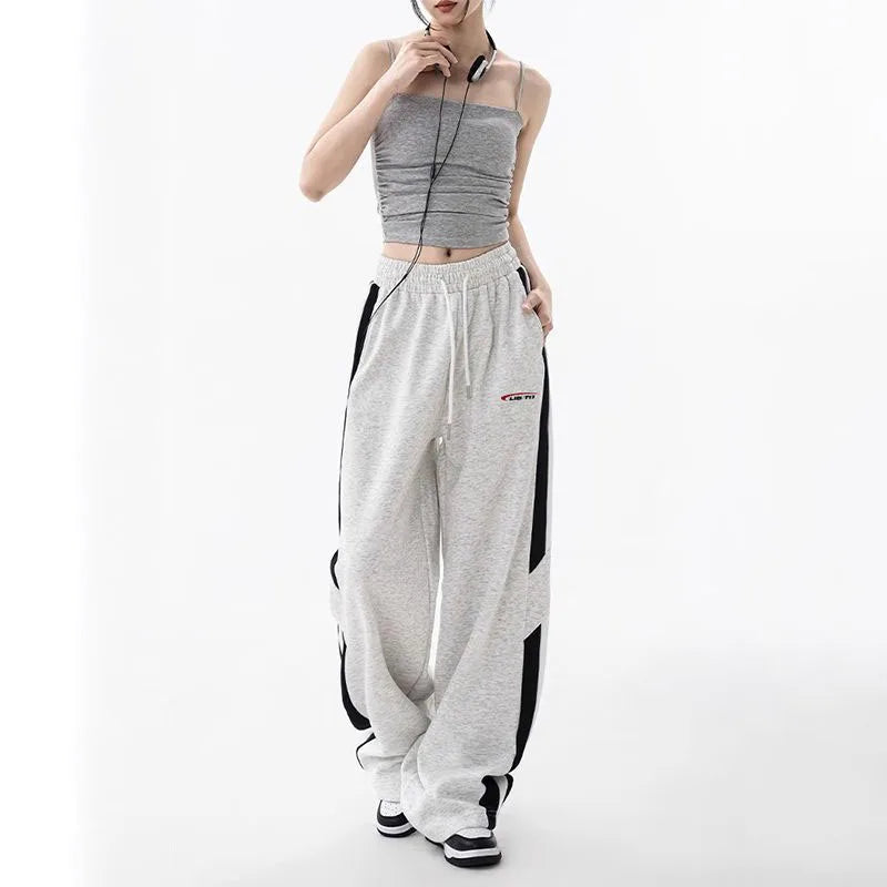 Women's Elastic Waist Side Stripe Sweatpants - Loose Fit, Straight Wide Leg Joggers