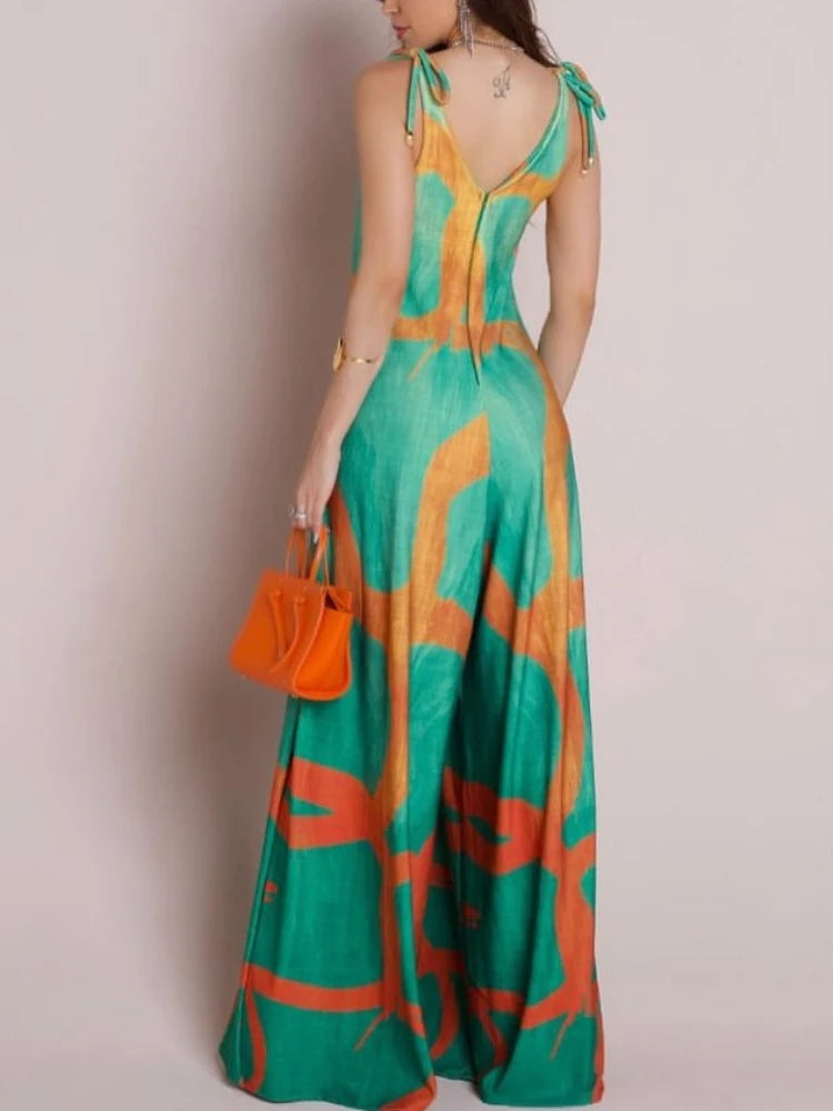 Women's Floral Print V-Neck Dress with Lace-Up Detail & Wide Leg Fit