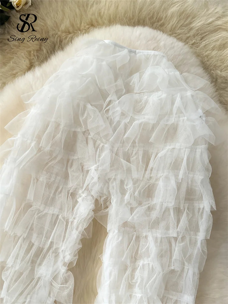 Women's Sheer Flare Trousers with Tiered High Waist and Mesh Detail