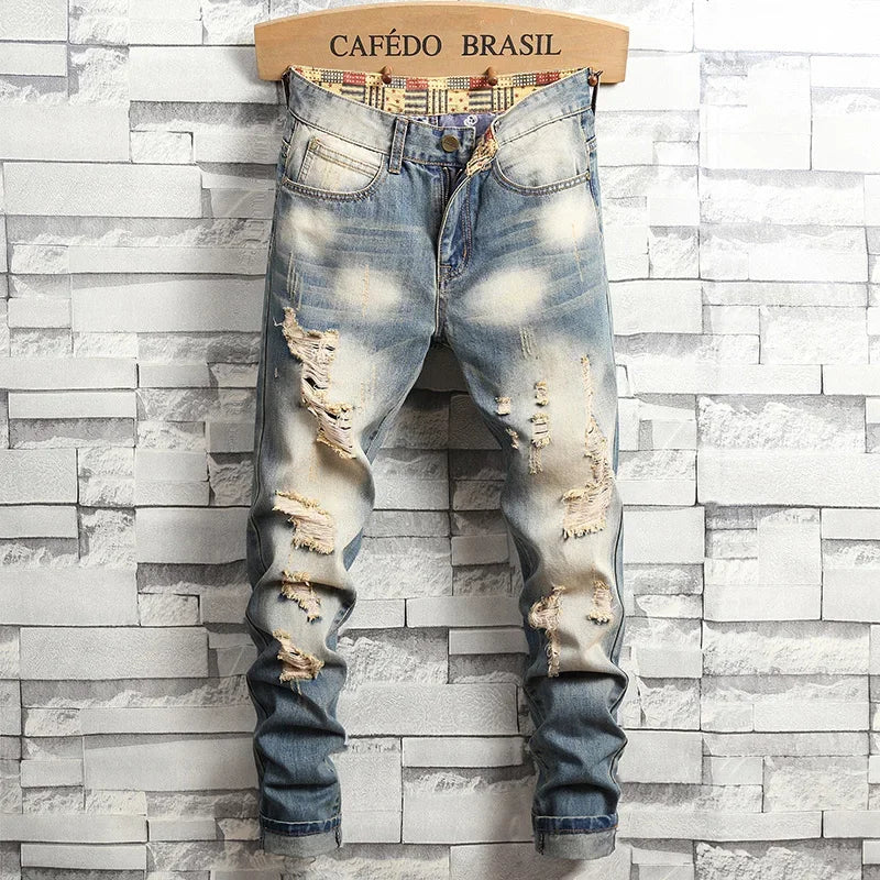 Men's Distressed Ripped Slim Fit Stretch Straight Denim Jeans