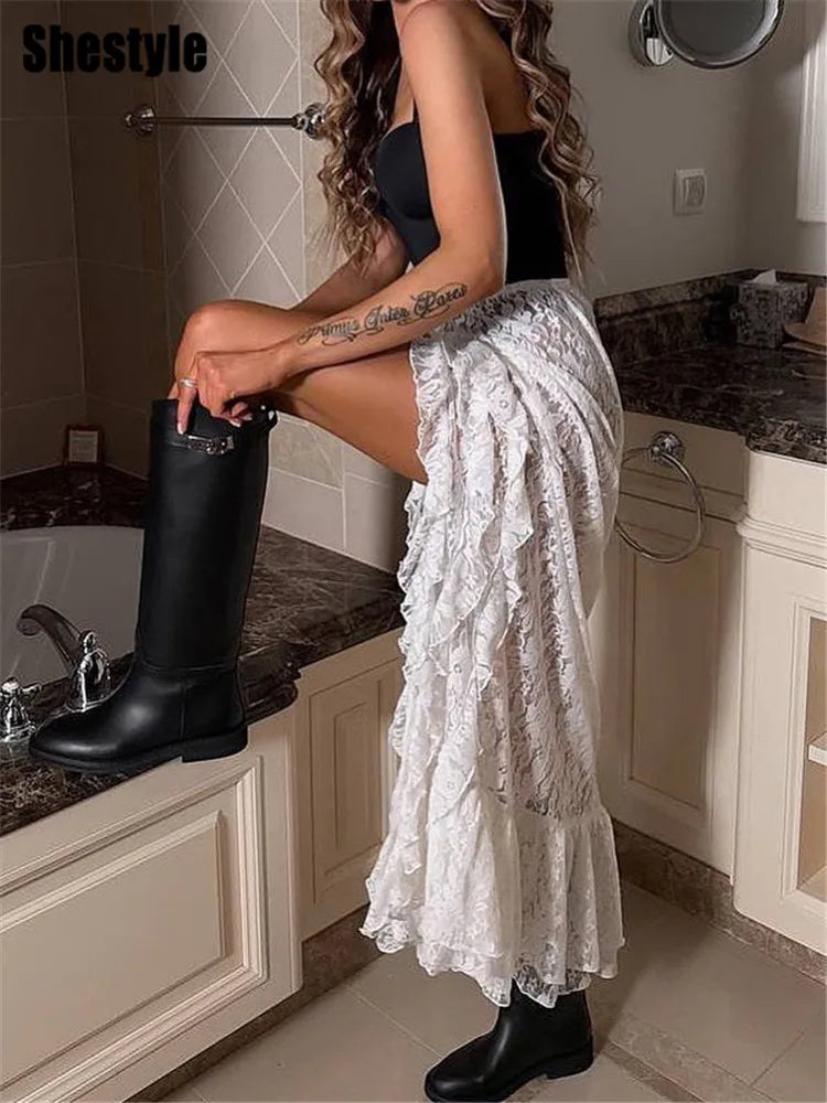 Shestyle Women's Lace Transparent Long Skirt with Asymmetrical Floral Ruffles