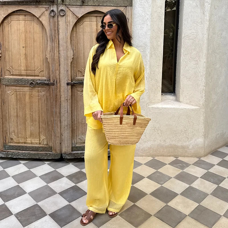 Women's 2-Piece Loose Fit Trouser and Long Sleeve Turn-Down Collar Shirt Set