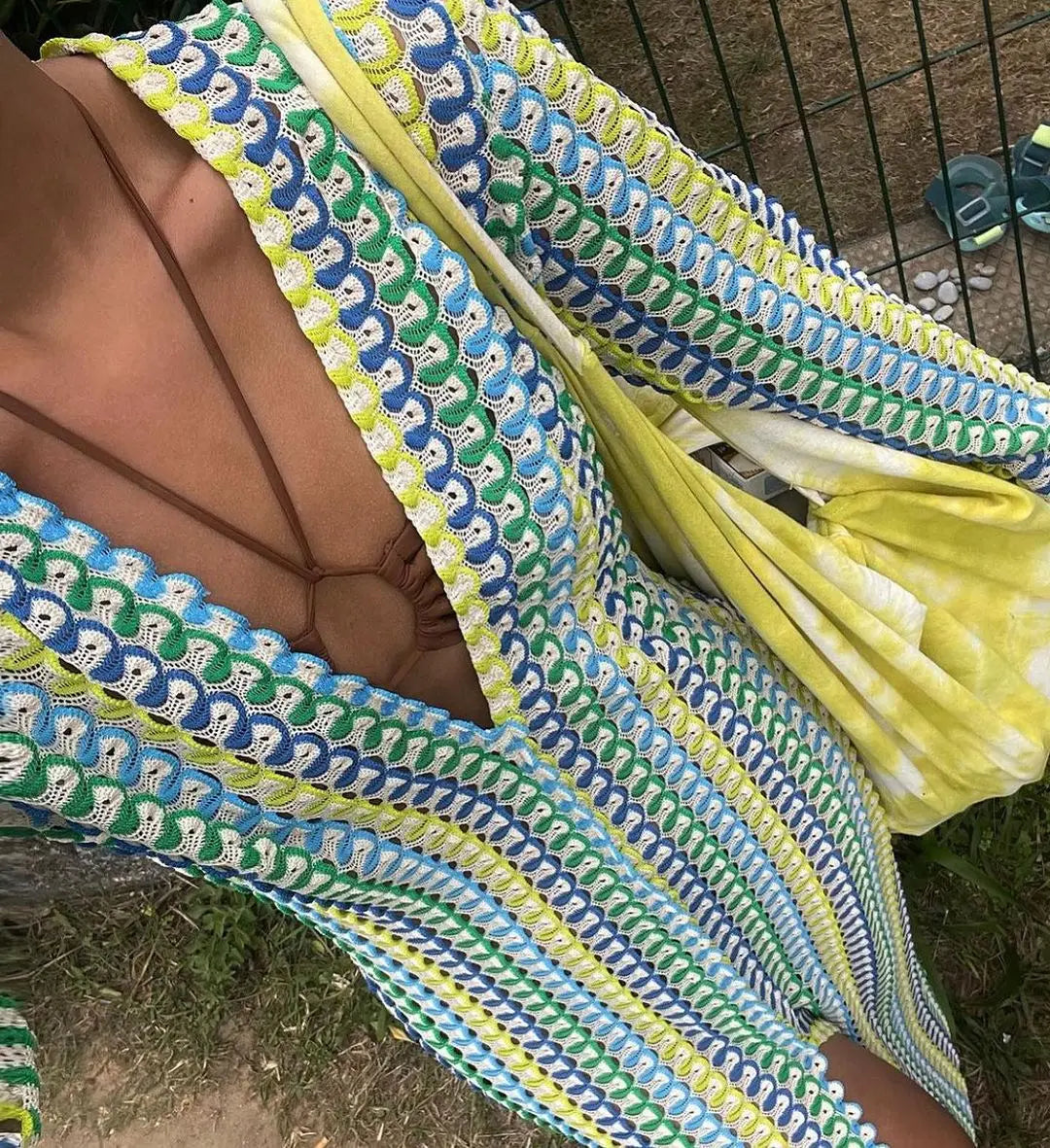 Striped Maxi Dress for Women with Flare Sleeves and High Split