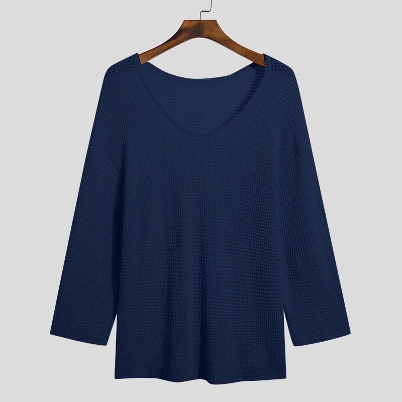 Men's Knit V-Neck Long Sleeve Hollow Out Loose Fit Sweater