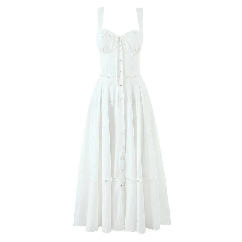 Elegant White Cotton Sling Dress for Women with Lace-Up Bandage Back