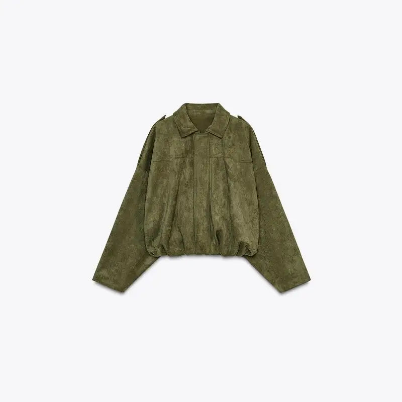 Women's Faux Suede Cropped Jacket with Vintage Lapel & Zipper