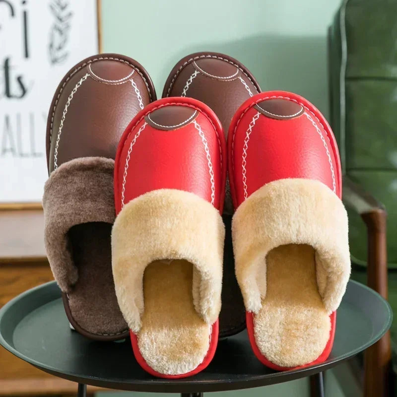Unisex Waterproof Faux Leather Fluffy Casual Slippers - Various Colors