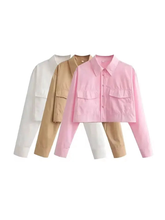 Women's Cropped Button-Up Blouse - Stylish Female Short Sleeve Shirt