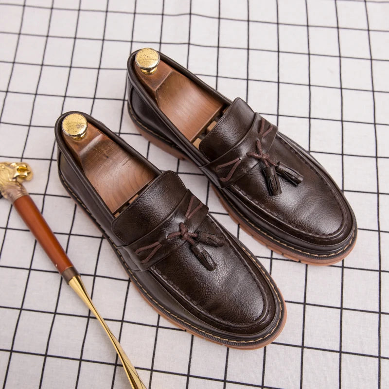 Men's Thick-Sole Leather Slip-On Loafers – Stylish & Comfortable Dress Shoes for Men