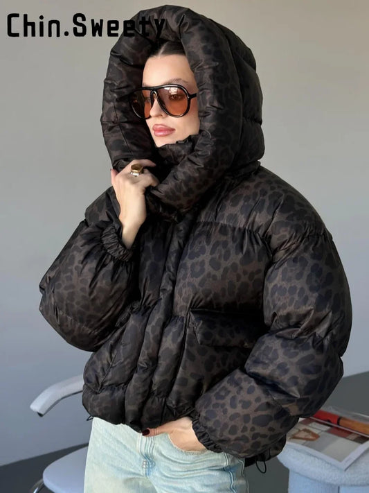 Women's Hooded Puffer Jacket with Stand Collar and Zipper Closure