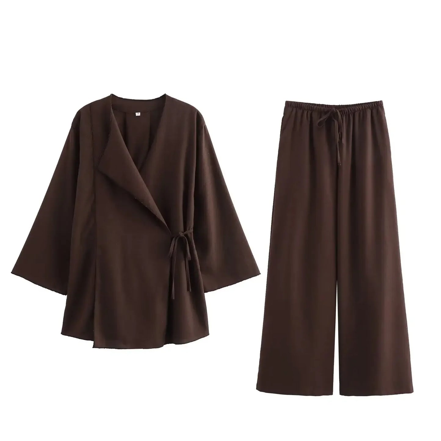 Linen Women's 2-Piece Set: Kimono Style Loose Lace-Up Shirt and Wide Leg Pants