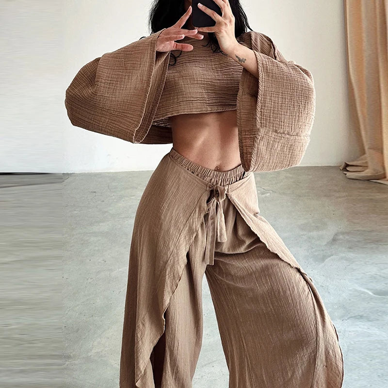 Women's Cotton Linen 2-Piece Long Sleeve Crop Top & Lace-Up Ruffle Pants Set