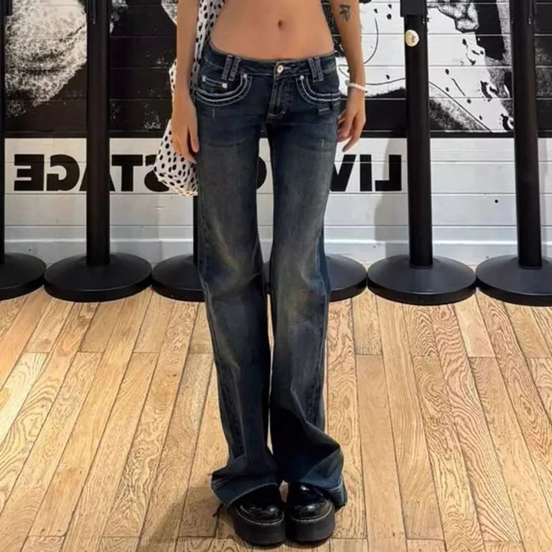 Vintage High Street Low-Waisted Wide Leg Flared Denim Jeans for Women