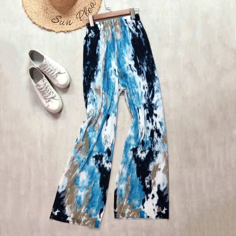 REALEFT Vintage High-Waist Printed Long Pants - Loose Wide Leg Fit- Loose Wide Leg Fit