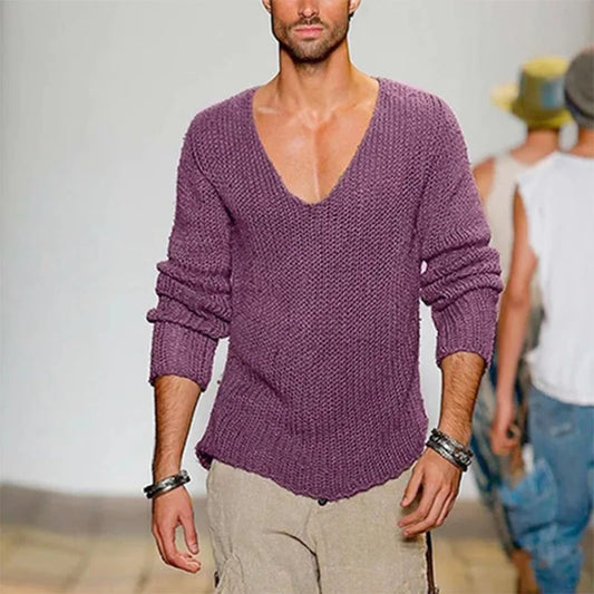 Men's Long Sleeve V-Neck Loose Knit Sweater