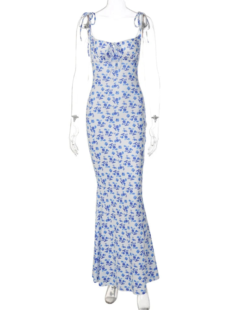 Hugcitar Elegant Floral Print Spaghetti Strap Sheath Dress for Women