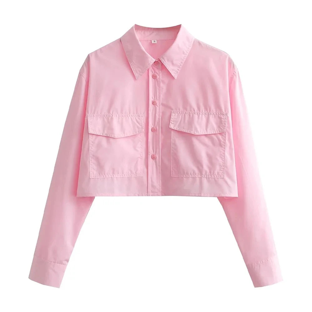 Women's Cropped Button-Up Blouse - Stylish Female Short Sleeve Shirt