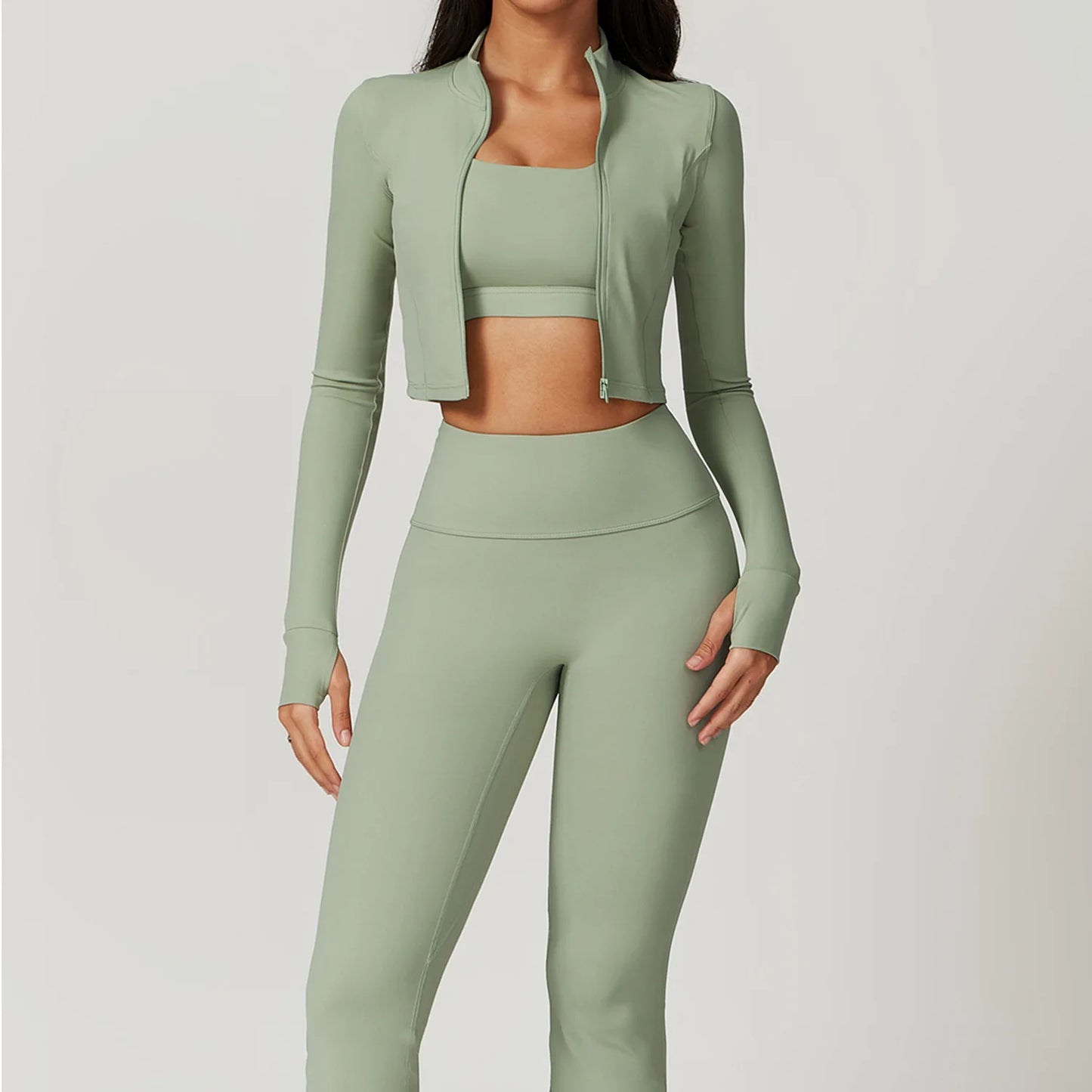 3-Piece Women's Workout Sets | Sportswear Gym Clothing with Zipper Long Sleeve Top & High-Waisted Leggings