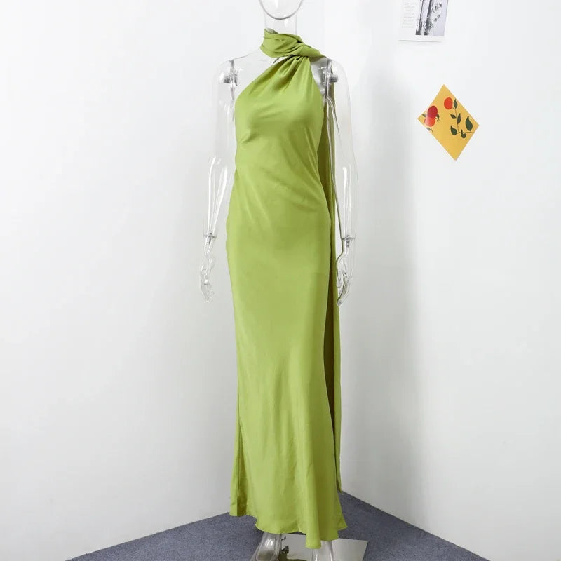 Elegant Backless Long Satin Halter Neck Dress for Women