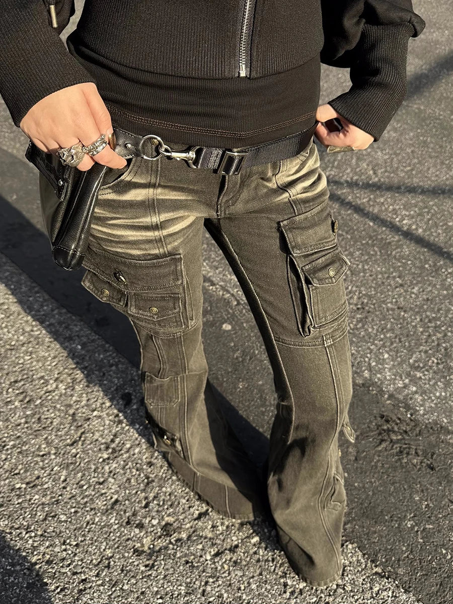 Redda Chic Women's Low Waist Cargo Jeans – Distressed, Multi-Pocket, Stretch Bootcut Denim