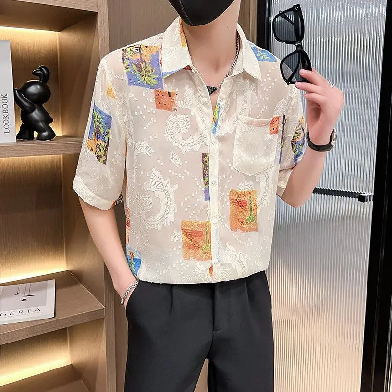Men's Short Sleeve Floral Shirt - Loose Fit, Jacquard Design, Breathable Ice Silk